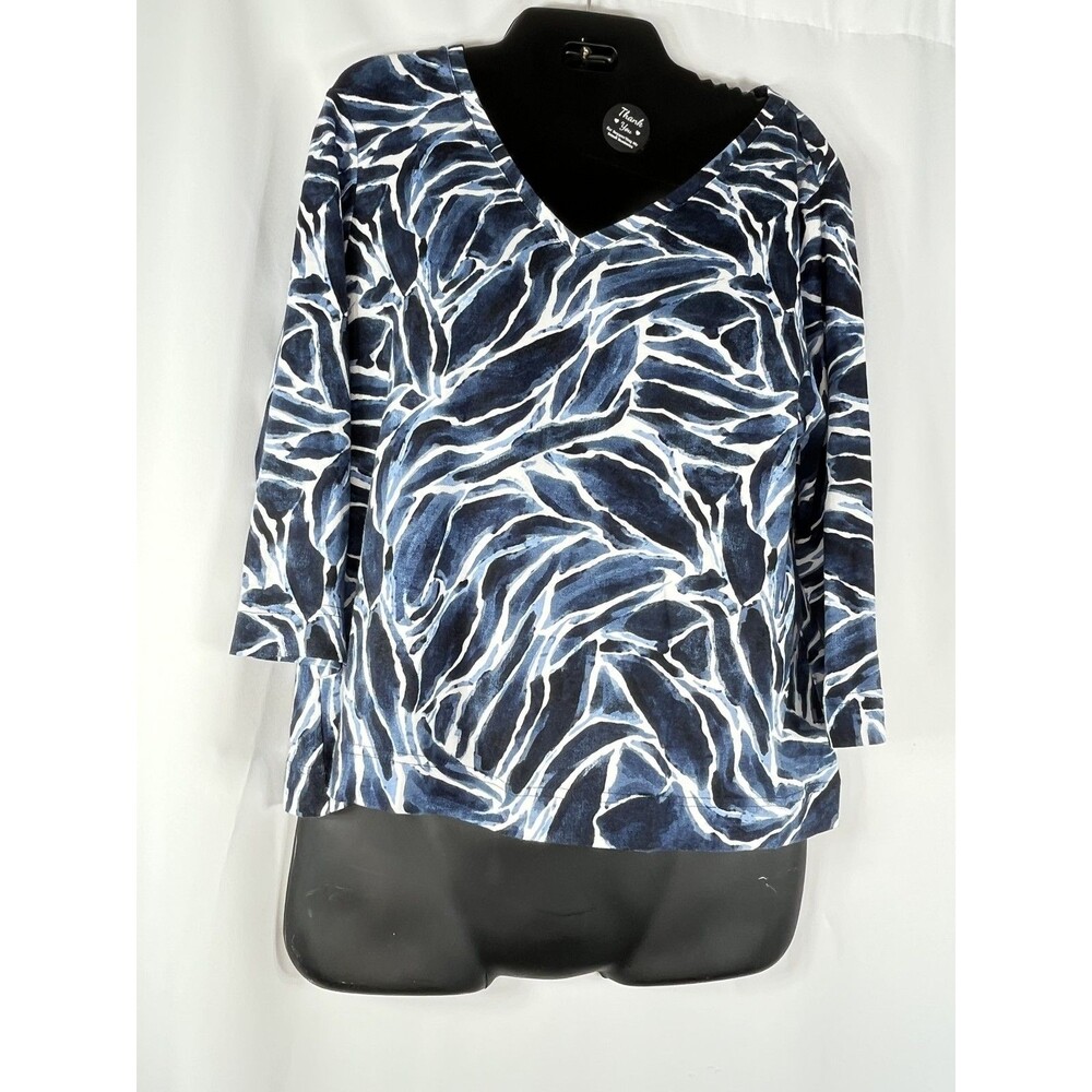 Chico's Shirt Womens 1 M Blue Animal Print V Neck 3/4 Sleeve Pima Cotton Top